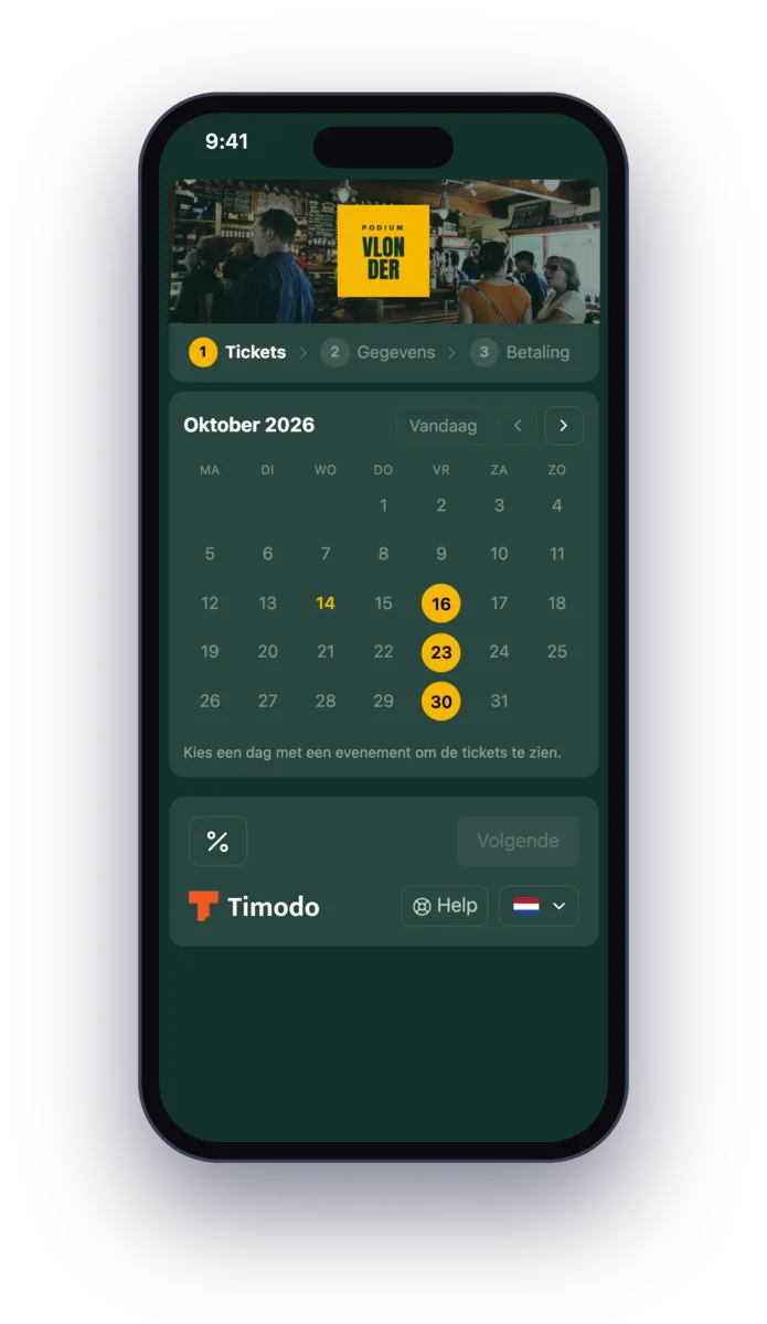 De Timodo-ticketshop op een telefoon, in de huisstijl van de organisatie