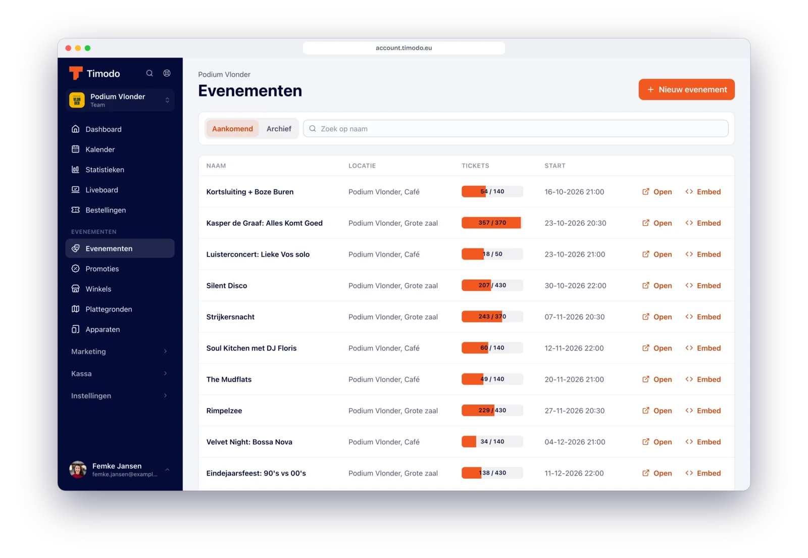 Evenementenoverzicht in het Timodo-dashboard met per show de verkoop en het aantal tickets