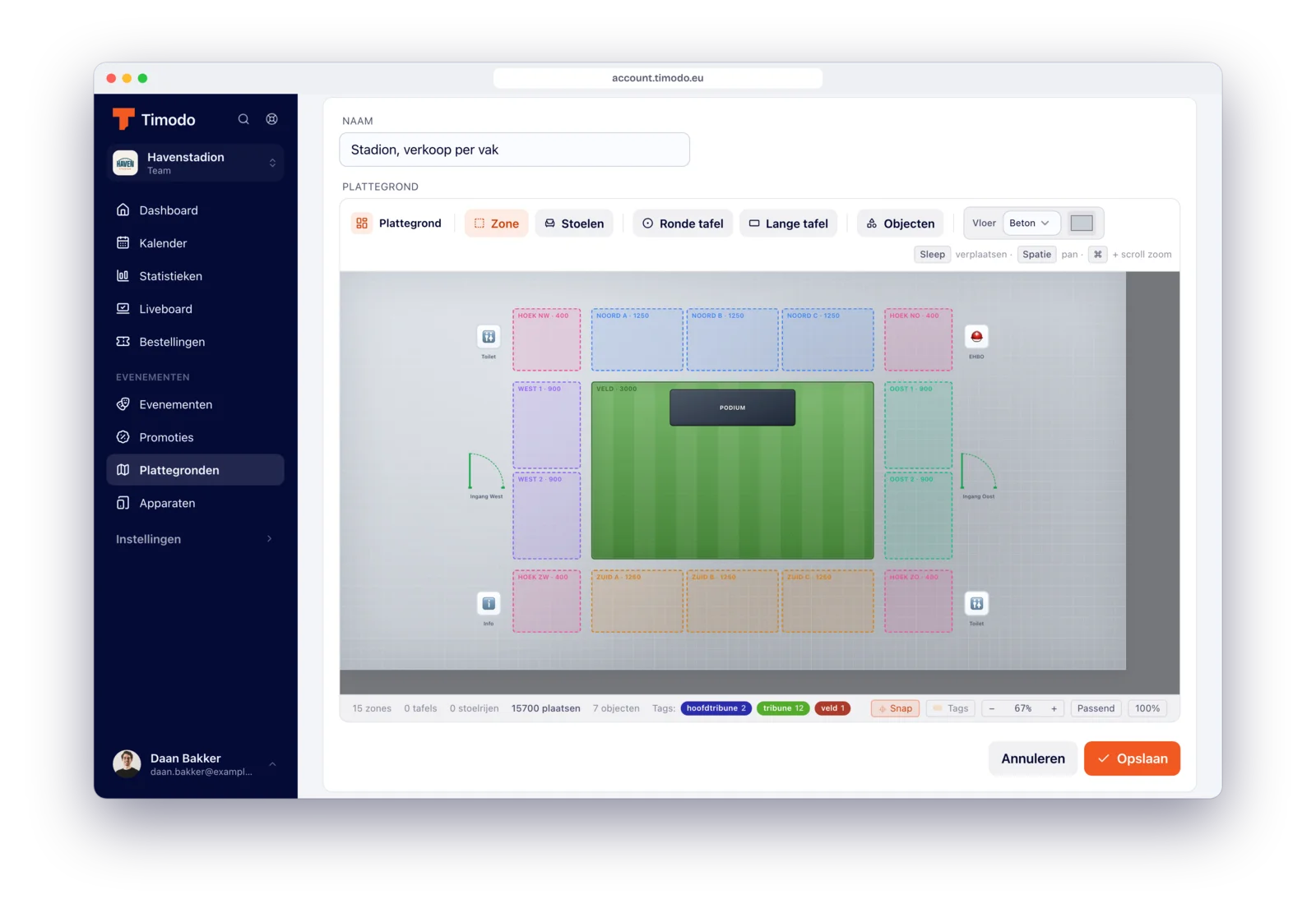 Plattegrond-editor in het Timodo-dashboard met een stadion verdeeld in vakken rond het veld