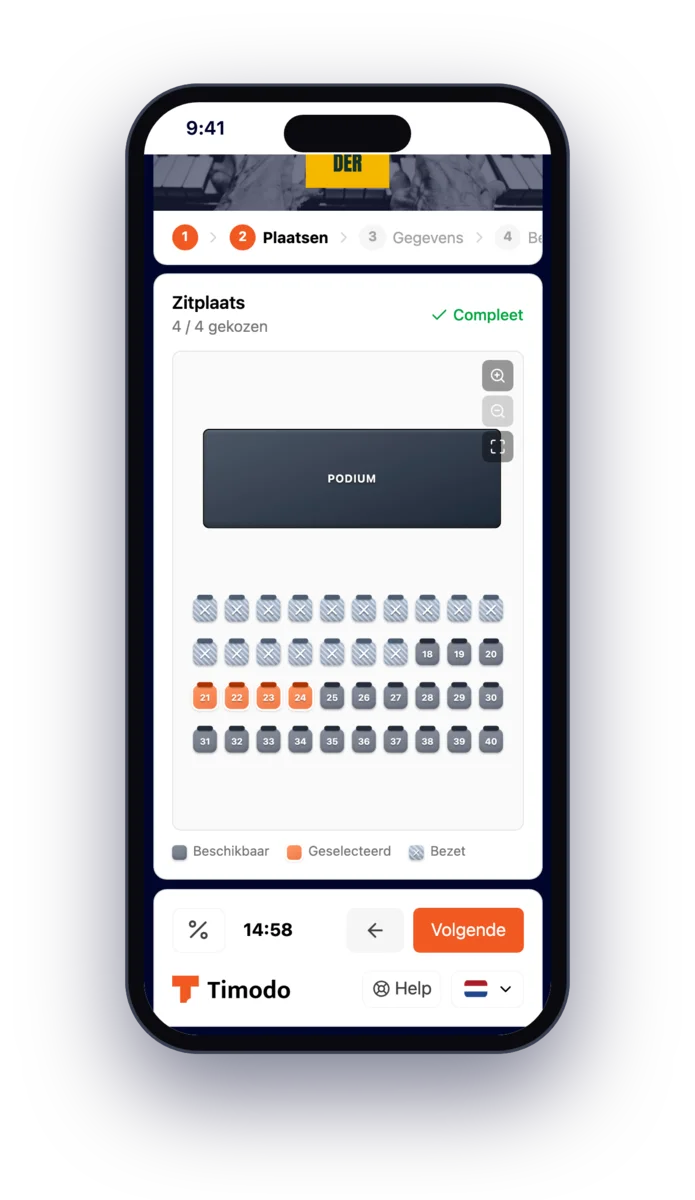 De stoelenkiezer van de Timodo-ticketshop op een telefoon, met een zaalplattegrond waarin vier stoelen zijn geselecteerd