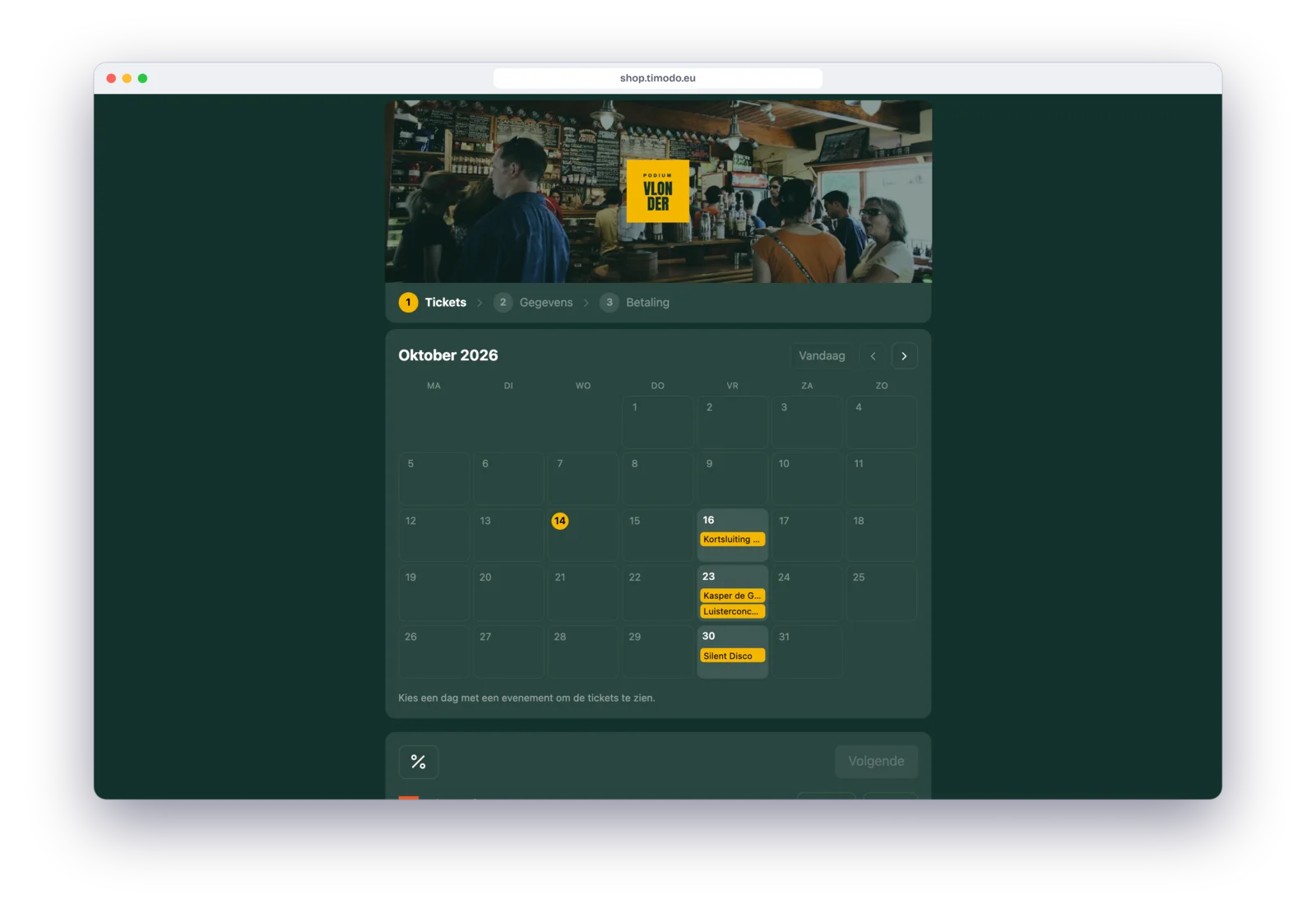 Een Timodo-ticketshop in de huisstijl van de organisatie, met kalender en evenementen