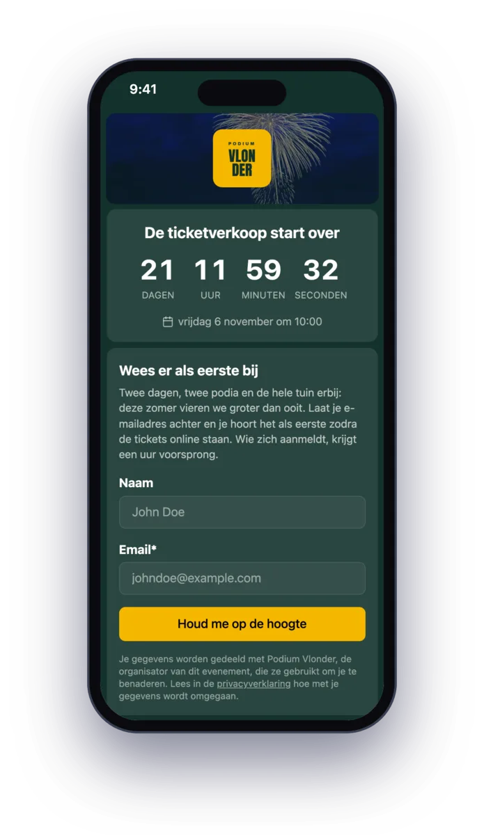 Ticketshop op de telefoon die aftelt naar de verkoop, met een aanmeldformulier voor een e-mailadres