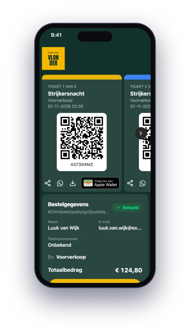 Een bestelling op de telefoon met per ticket een eigen deelknop en QR-code