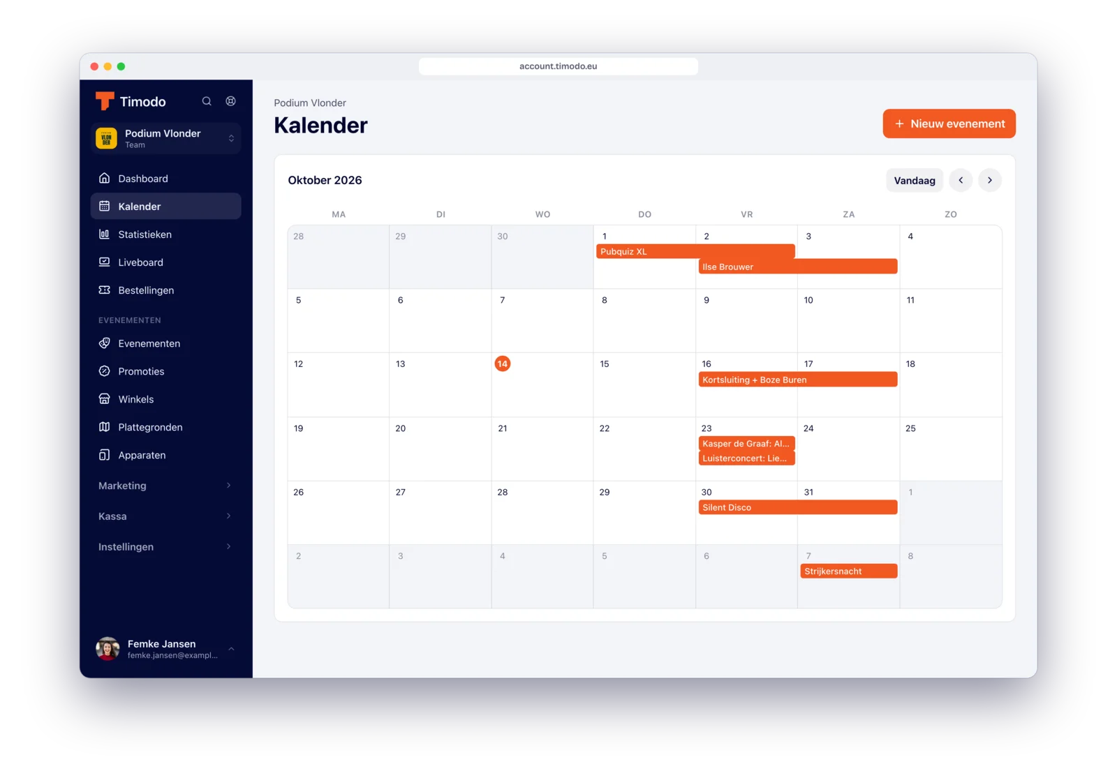 Kalender in het Timodo-dashboard met alle sessies van de maand