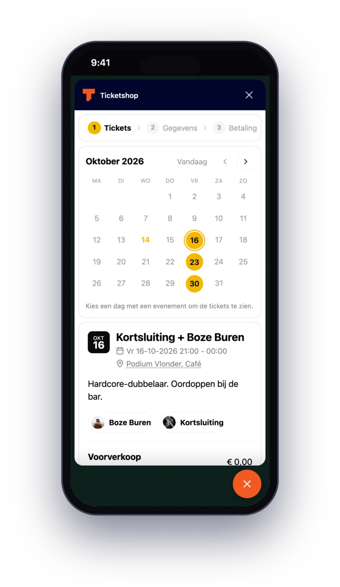 De biopagina van een poppodium op een telefoon, met de gekoppelde ticketshop geopend als popup